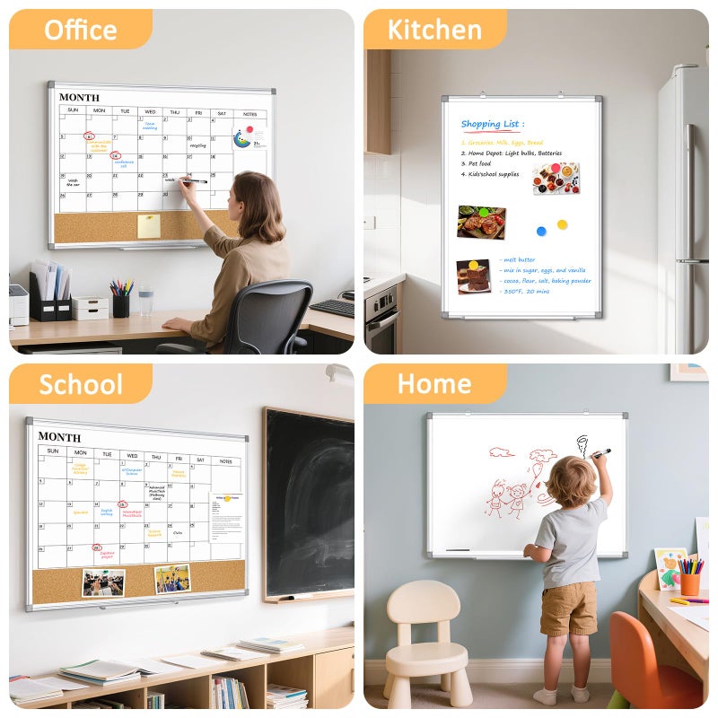 QUEENLINK Large Dry Erase Calendar for Wall, 36"x24" Double-Sided Magnetic Whiteboard Calendar with Cork Board, Aluminum Frame Monthly White Board Memo Message Board for Office, Home, School, Kitchen - Image 2
